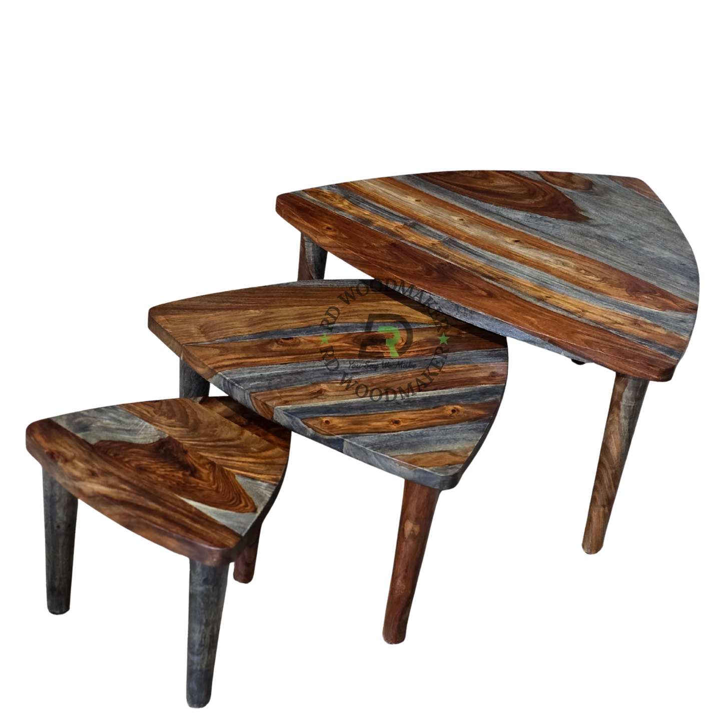 THREE-PIECE TRIANGULAR WOODEN NESTING TABLE SET