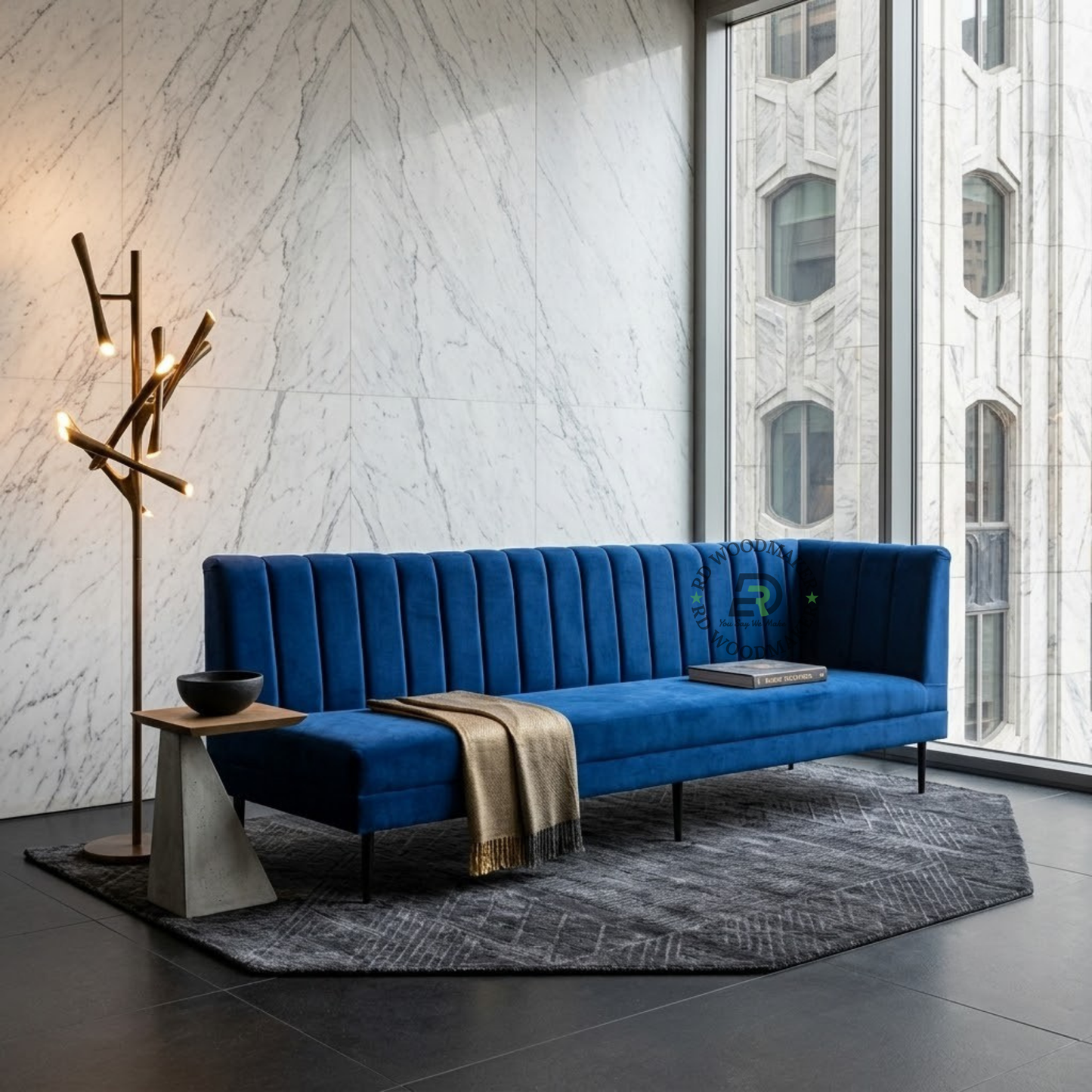 EXTRA-LONG ROYAL BLUE CHANNEL-TUFTED CORNER SOFA WITH ONE-SIDED ARMREST