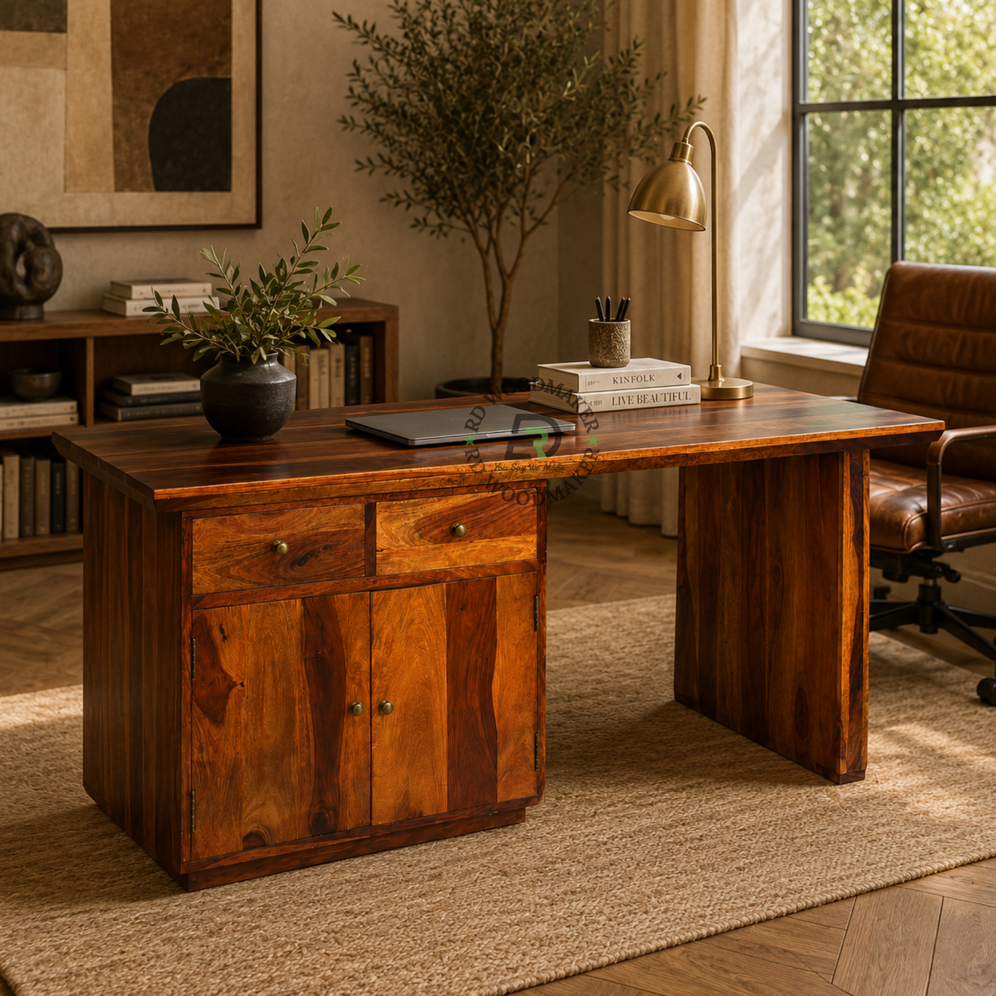 LARGE WOODEN EXECUTIVE DESK WITH DRAWERS AND STORAGE CABINET