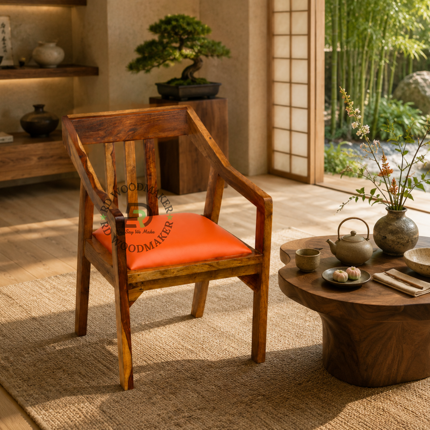 ORANGE UPHOLSTERED WOODEN DINING ARMCHAIR