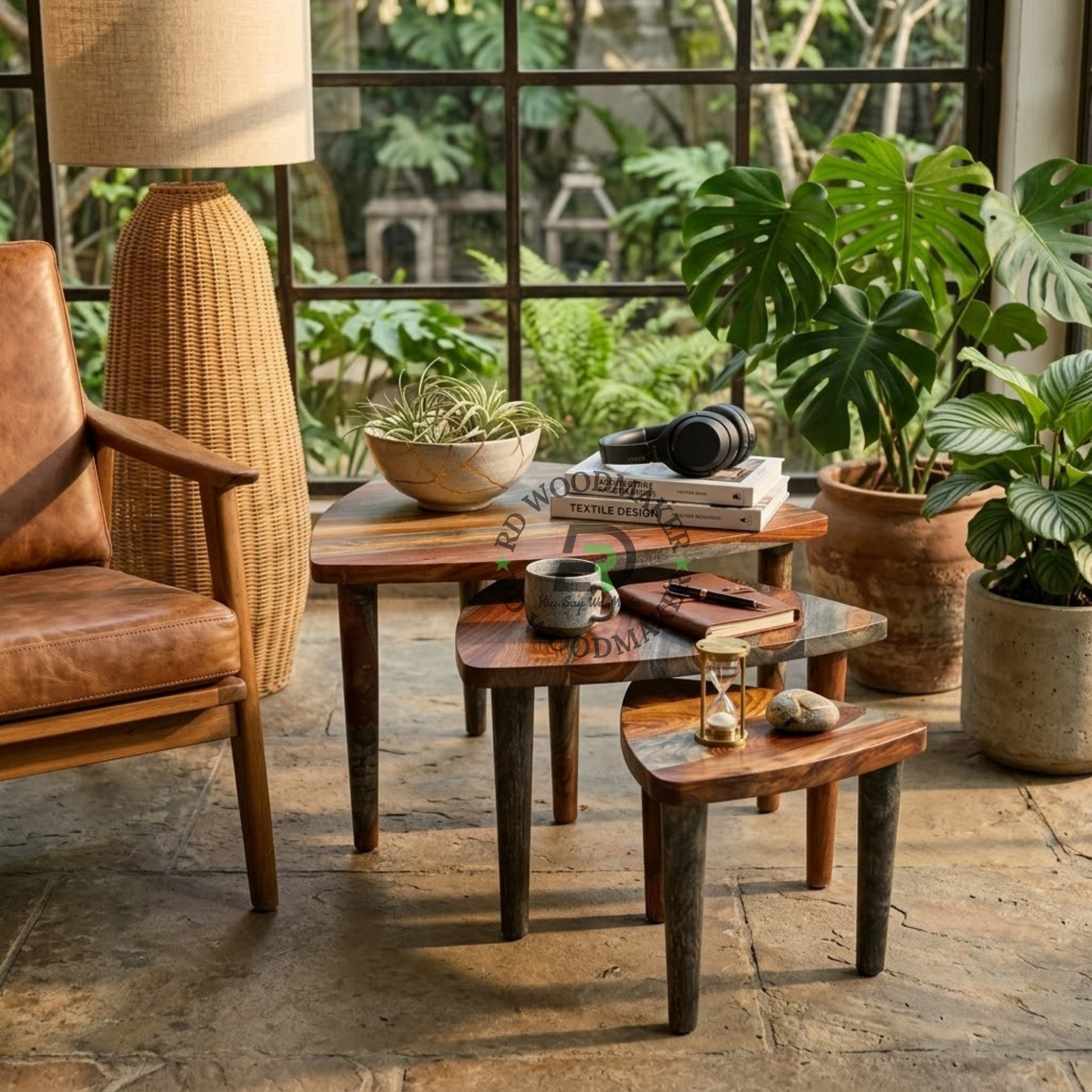THREE-PIECE TRIANGULAR WOODEN NESTING TABLE SET