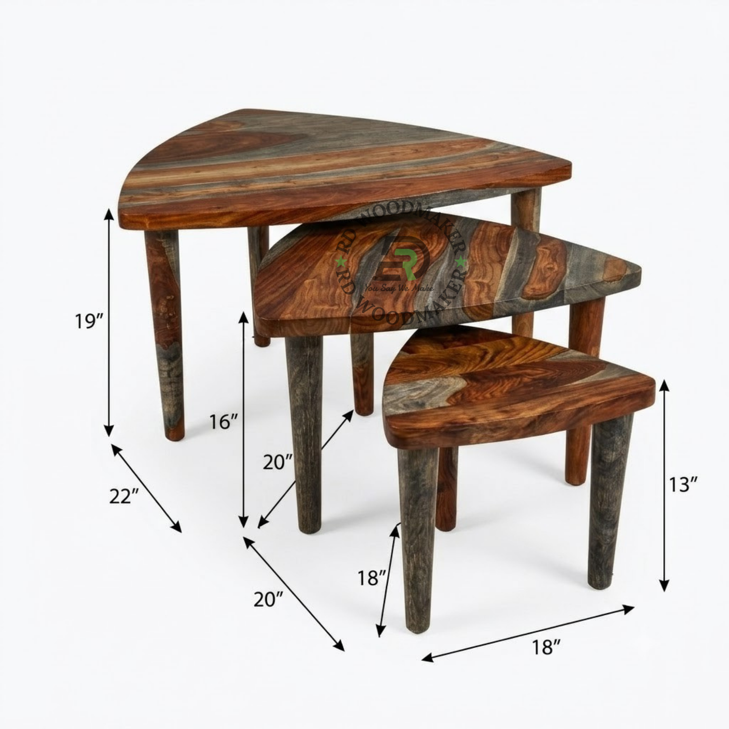 THREE-PIECE TRIANGULAR WOODEN NESTING TABLE SET