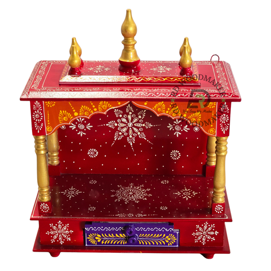 PREMIUM HAND-PAINTED RED WOODEN HOME TEMPLE WITH TRADITIONAL OPEN SHRINE & DOUBLE DRAWERS