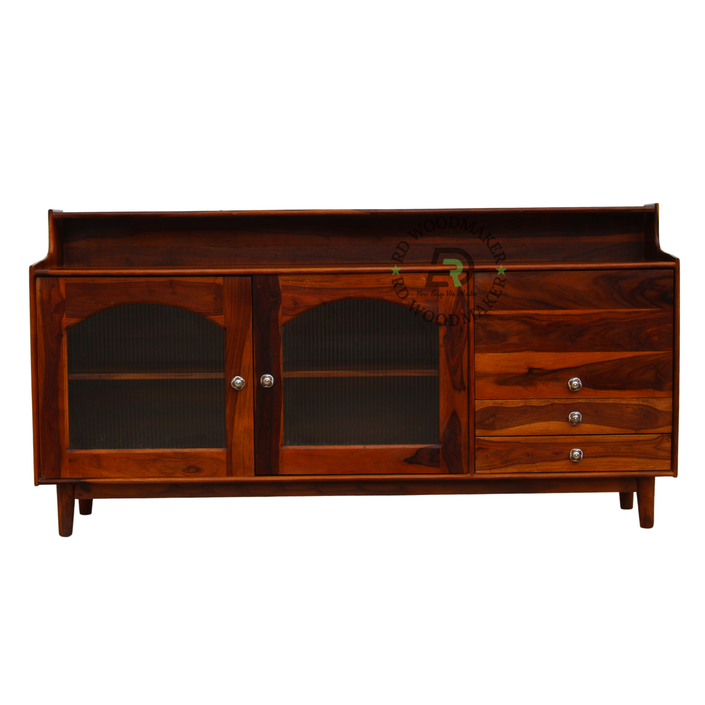 NATURAL WOOD GLASS DOOR SIDEBOARD WITH DRAWERS