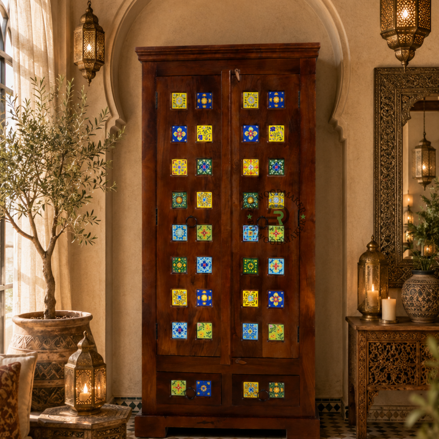 ROYAL MOSAIC SOLID WOOD 2 DOOR WARDROBE WITH HANDCRAFTED TILE DESIGN