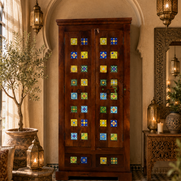 ROYAL MOSAIC SOLID WOOD 2 DOOR WARDROBE WITH HANDCRAFTED TILE DESIGN
