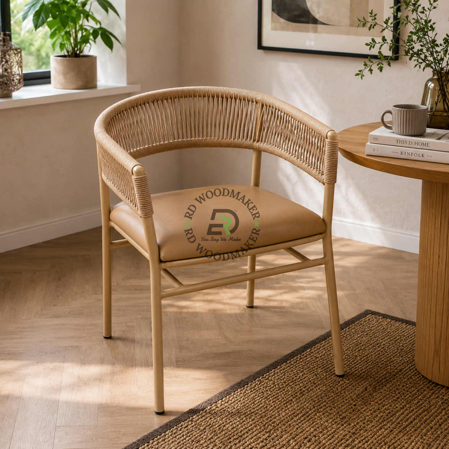 BEIGE ROPE WOVEN METAL DINING ARMCHAIR WITH TAUPE CUSHION