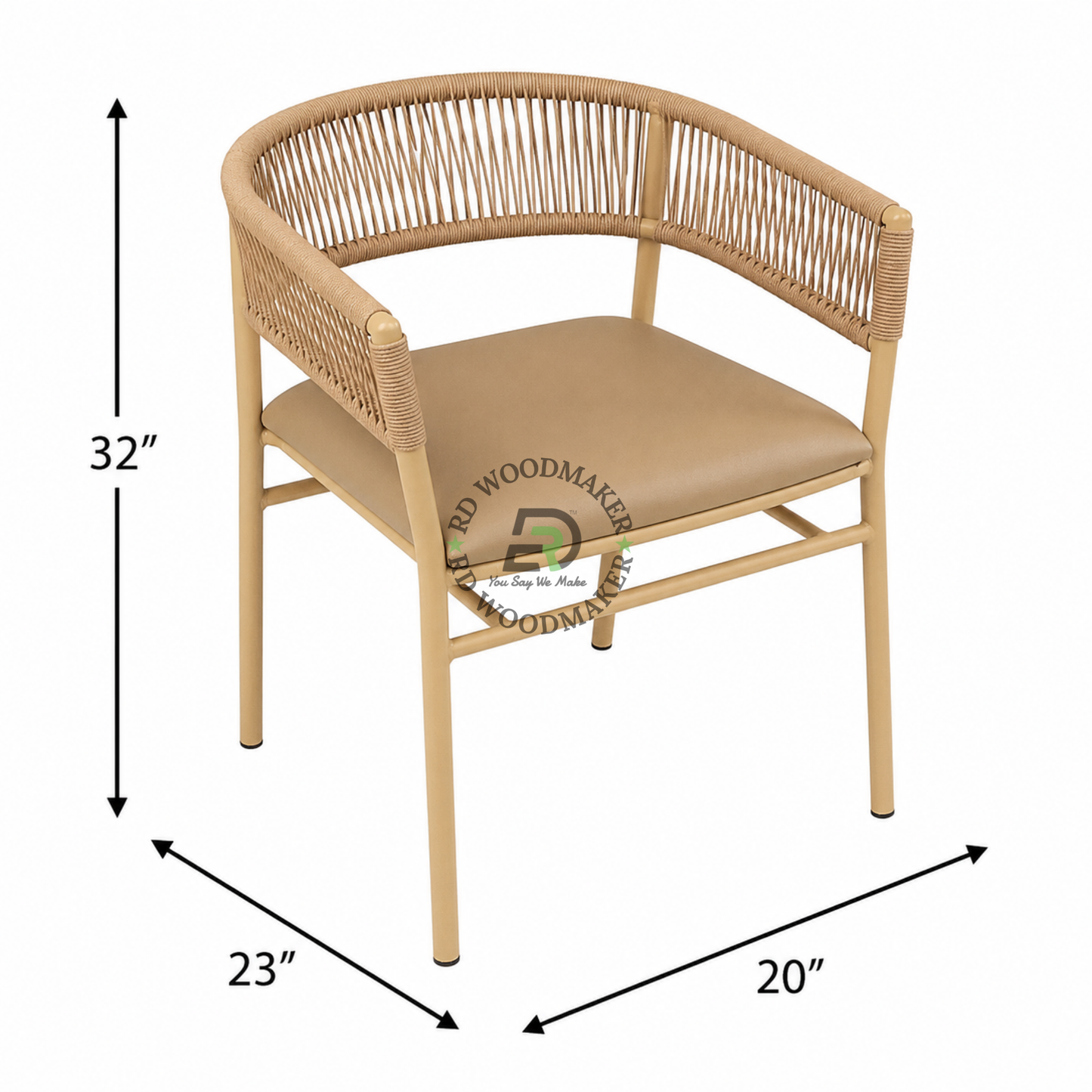 BEIGE ROPE WOVEN METAL DINING ARMCHAIR WITH TAUPE CUSHION