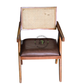 MID-CENTURY CANE BACK WOODEN ARMCHAIR WITH DARK BROWN CUSHION