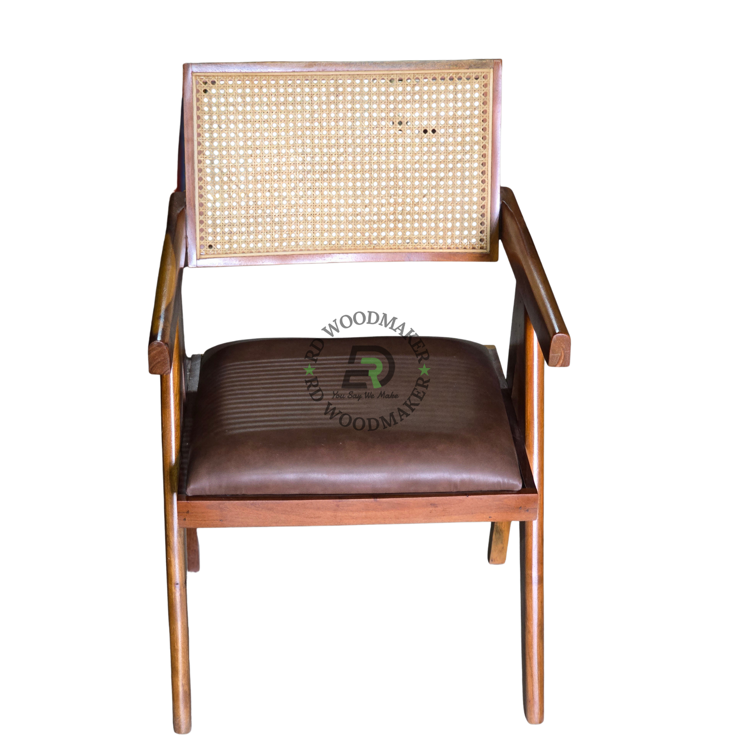 MID-CENTURY CANE BACK WOODEN ARMCHAIR WITH DARK BROWN CUSHION
