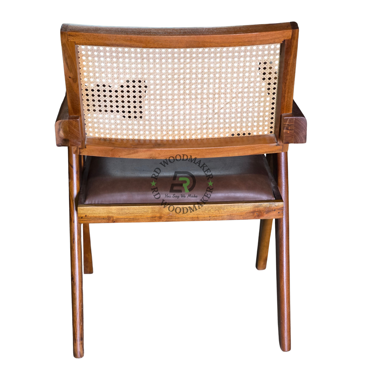 MID-CENTURY CANE BACK WOODEN ARMCHAIR WITH DARK BROWN CUSHION