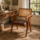 MID-CENTURY CANE BACK WOODEN ARMCHAIR WITH DARK BROWN CUSHION