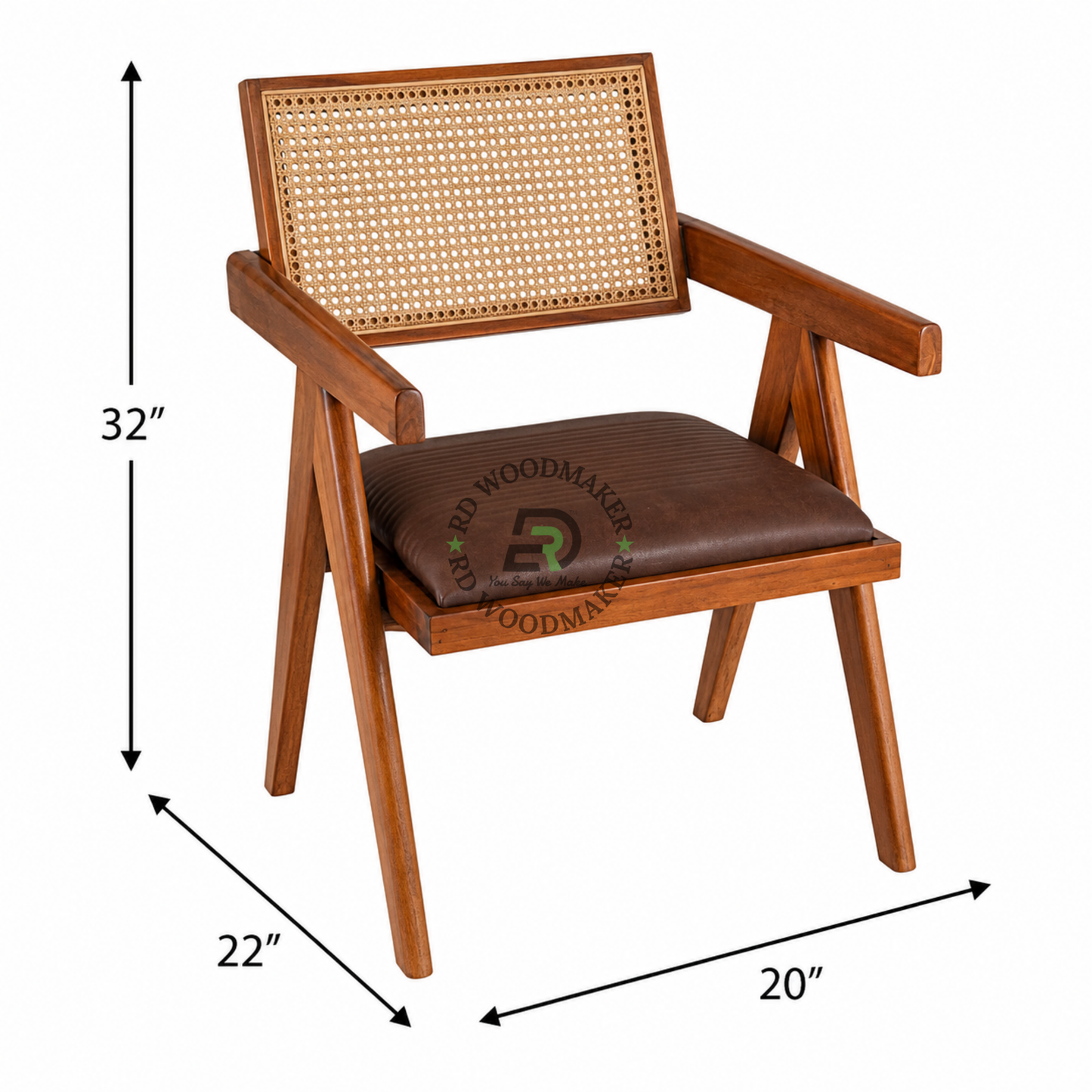 MID-CENTURY CANE BACK WOODEN ARMCHAIR WITH DARK BROWN CUSHION