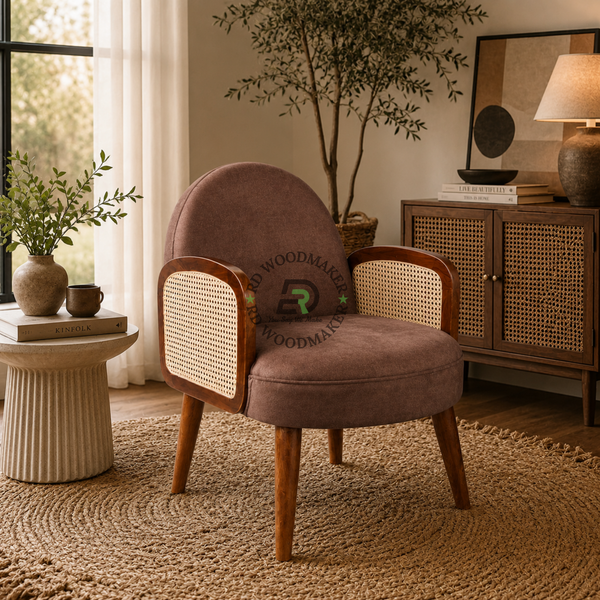 ROUND UPHOLSTERED ACCENT ARMCHAIR WITH CANE SIDE PANELS