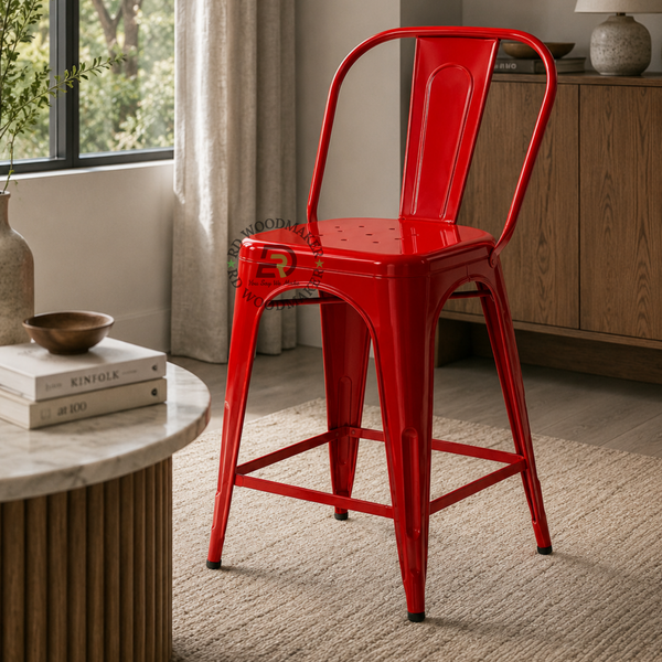 PREMIUM RED INDUSTRIAL METAL BAR STOOL WITH HIGH BACKREST