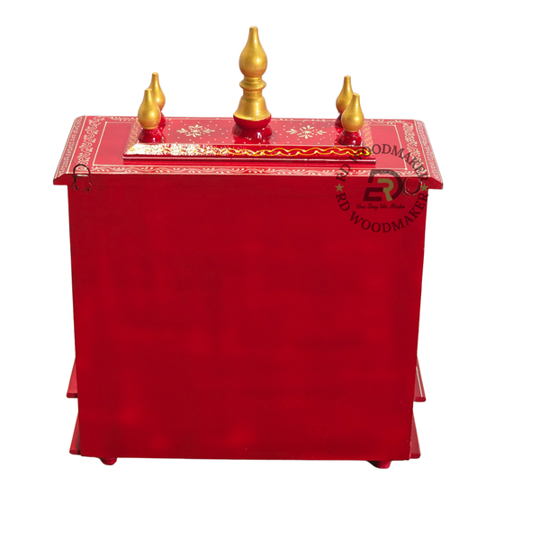 PREMIUM HAND-PAINTED RED WOODEN HOME TEMPLE WITH TRADITIONAL OPEN SHRINE & DOUBLE DRAWERS