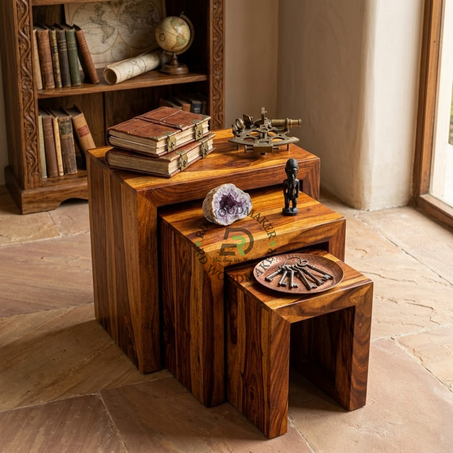 THREE-PIECE SOLID WOOD RECTANGULAR NESTING TABLE SET