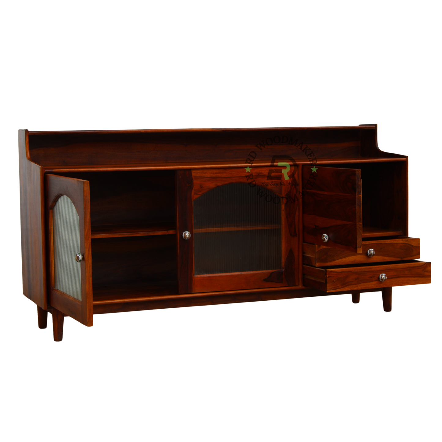 NATURAL WOOD GLASS DOOR SIDEBOARD WITH DRAWERS