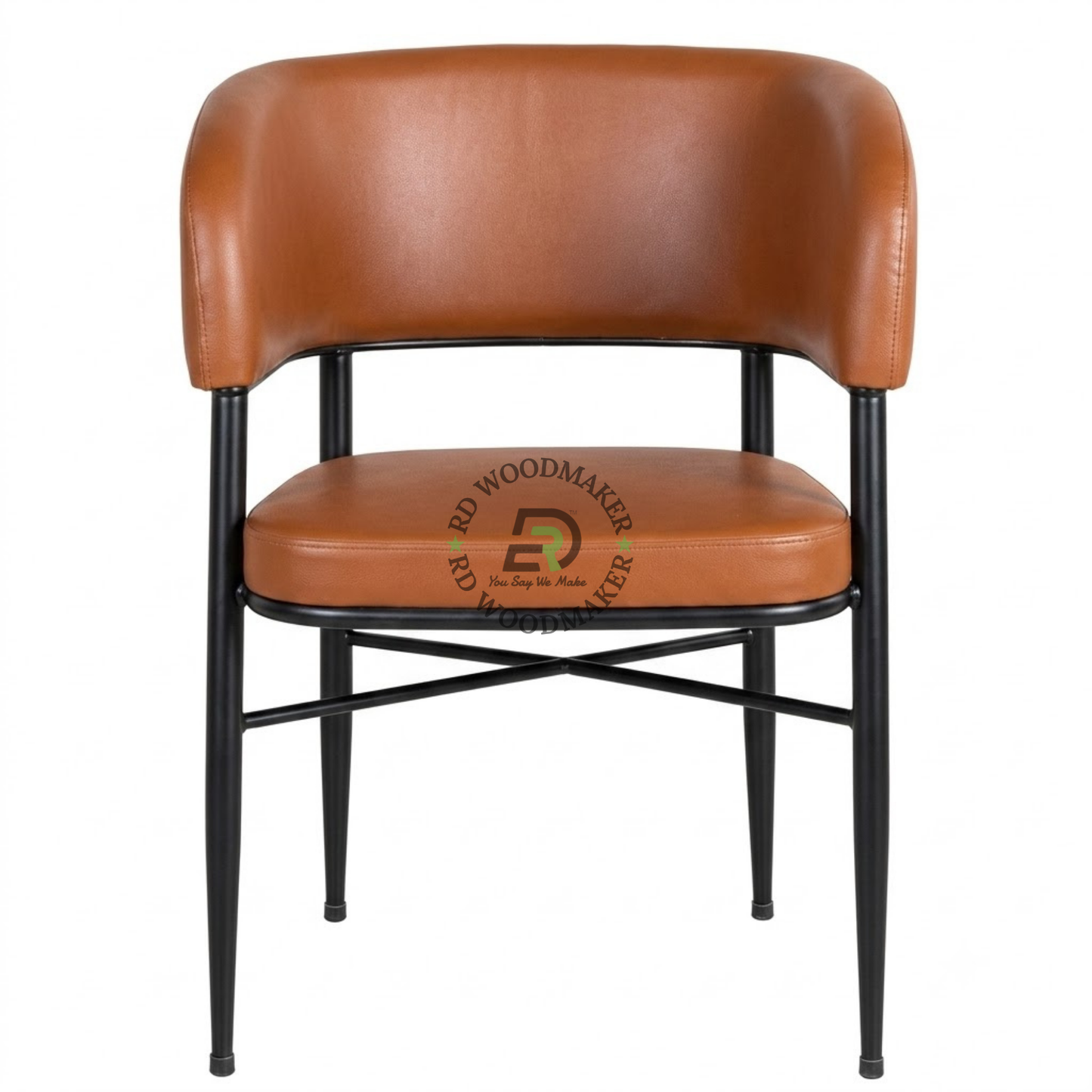 COGNAC BROWN UPHOLSTERED DINING ARMCHAIR WITH BLACK METAL FRAME
