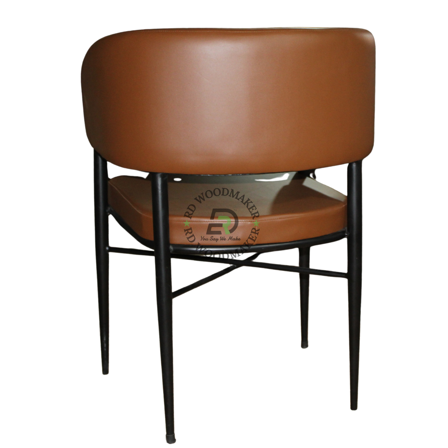COGNAC BROWN UPHOLSTERED DINING ARMCHAIR WITH BLACK METAL FRAME
