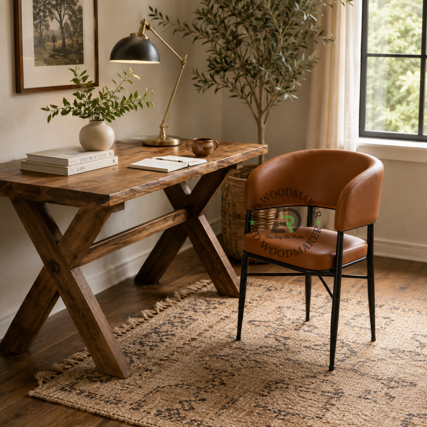 COGNAC BROWN UPHOLSTERED DINING ARMCHAIR WITH BLACK METAL FRAME