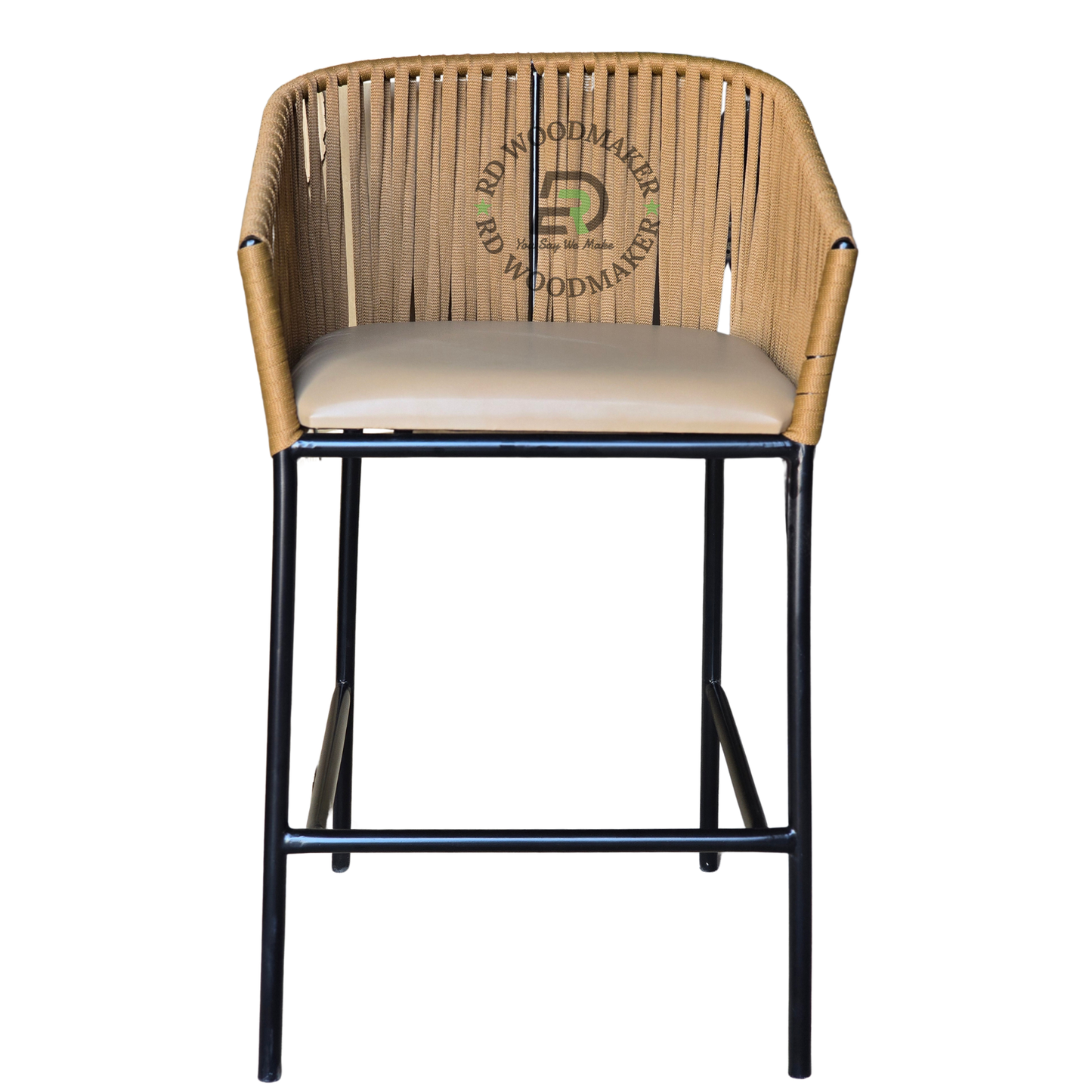 NATURAL ROPE-WOVEN BAR STOOL WITH BEIGE CUSHION & BLACK METAL FRAME