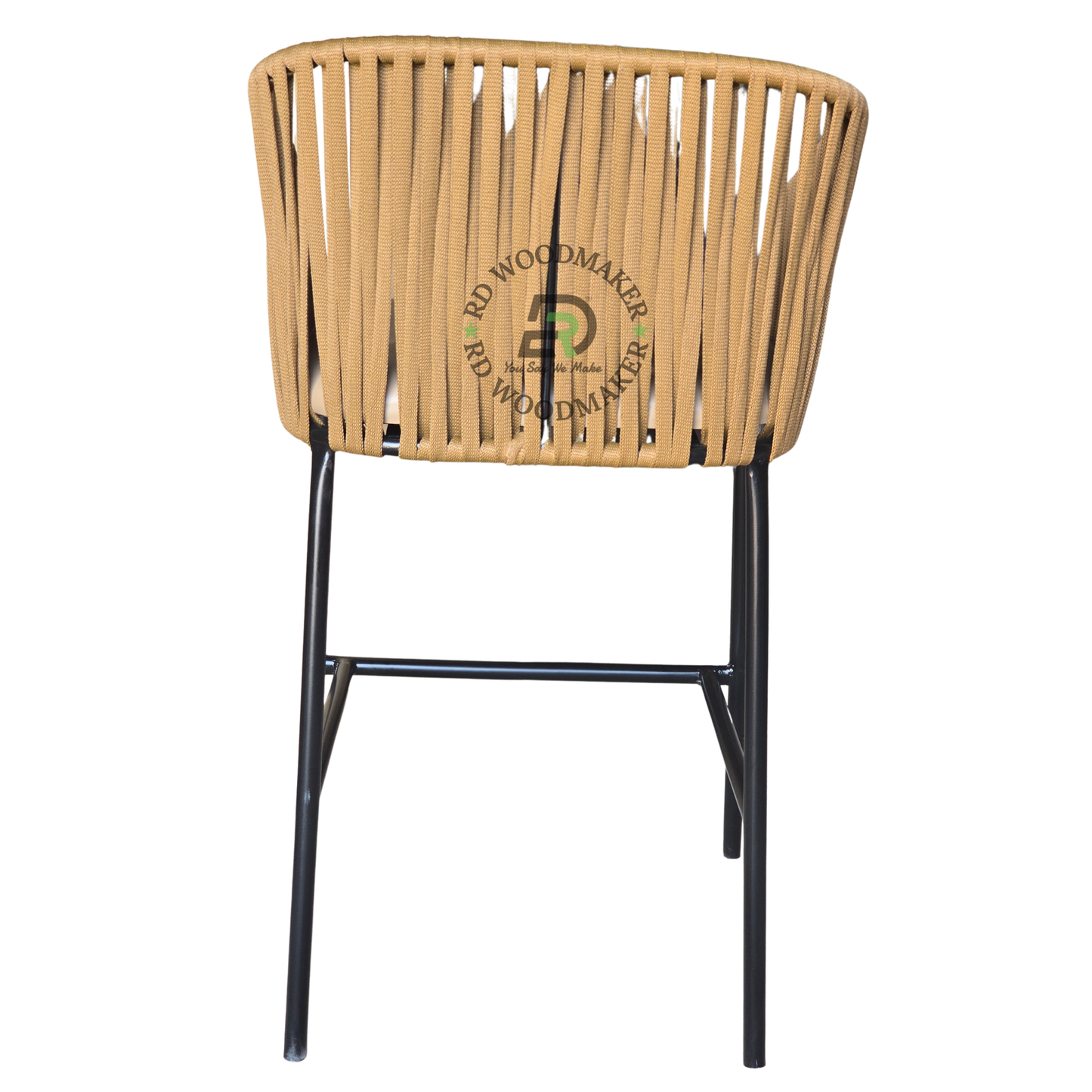 NATURAL ROPE-WOVEN BAR STOOL WITH BEIGE CUSHION & BLACK METAL FRAME