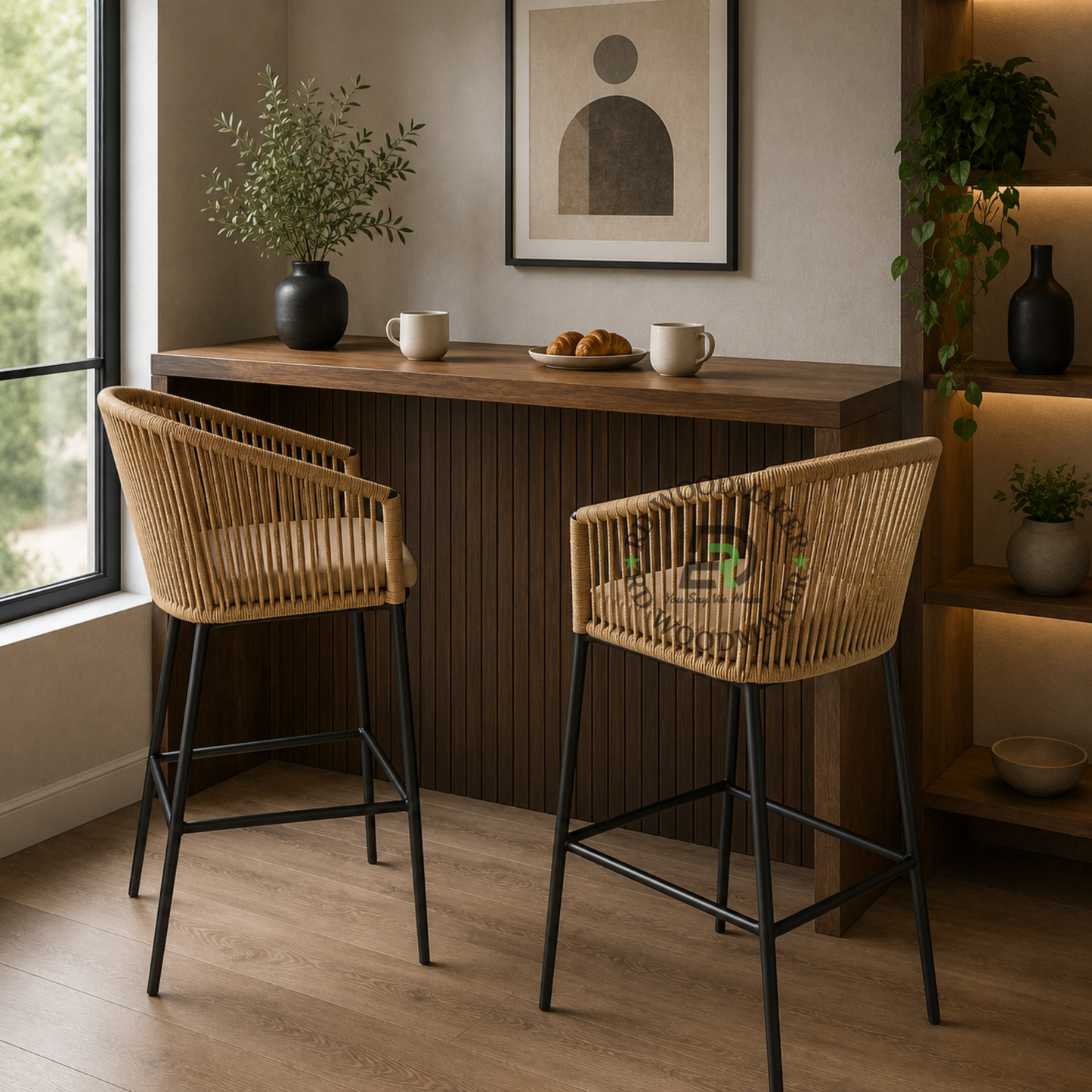 NATURAL ROPE-WOVEN BAR STOOL WITH BEIGE CUSHION & BLACK METAL FRAME