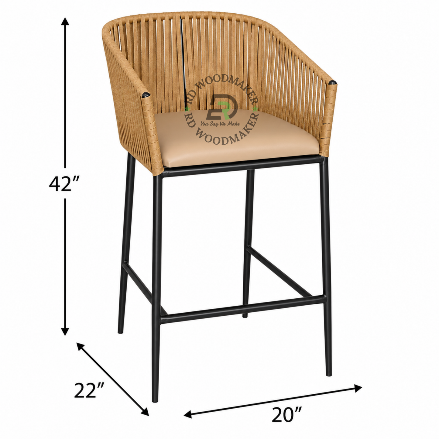 NATURAL ROPE-WOVEN BAR STOOL WITH BEIGE CUSHION & BLACK METAL FRAME