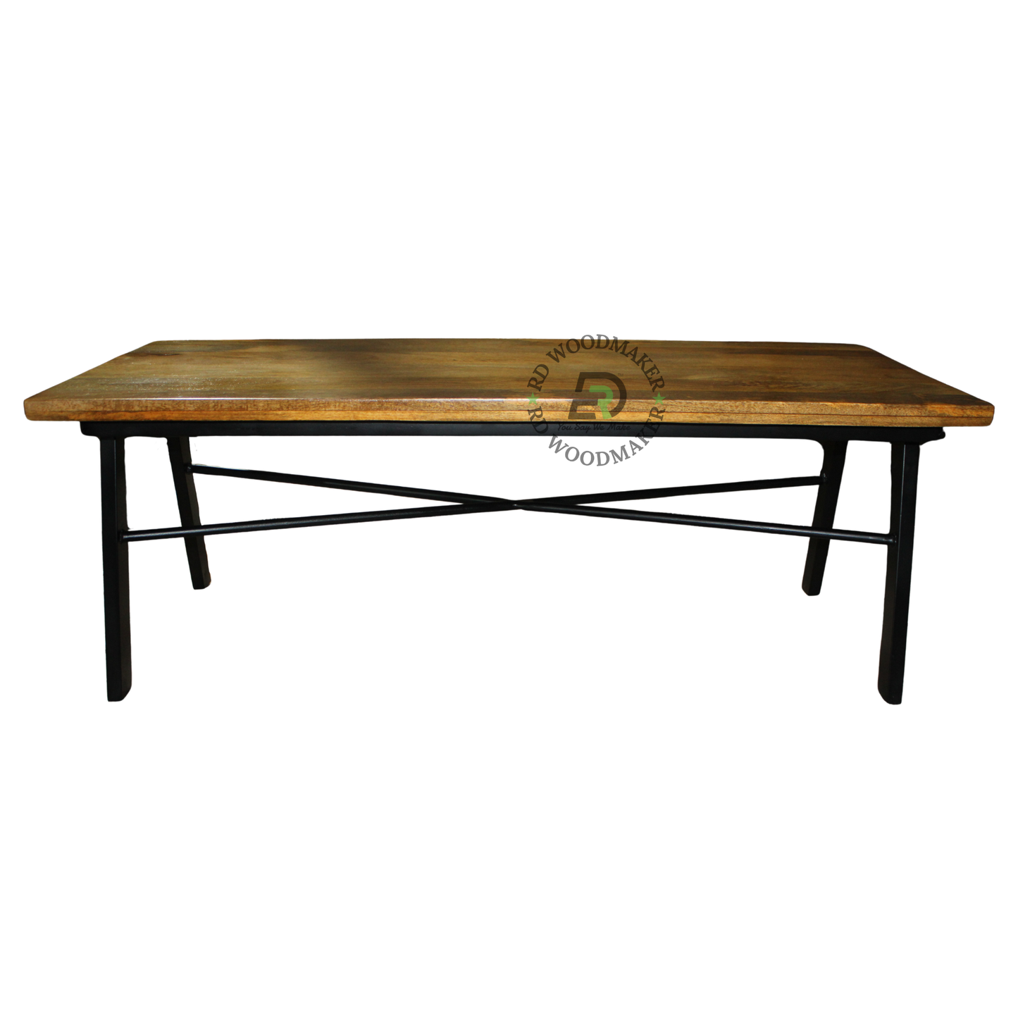 INDUSTRIAL RECTANGULAR WOODEN COFFEE TABLE WITH CROSS-BRACED METAL FRAME