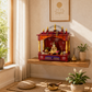 PREMIUM HAND-PAINTED RED WOODEN HOME TEMPLE WITH TRADITIONAL OPEN SHRINE & DOUBLE DRAWERS