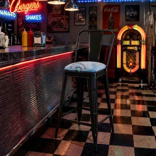 PREMIUM BLACK INDUSTRIAL BAR STOOL WITH GREY UPHOLSTERED SEAT