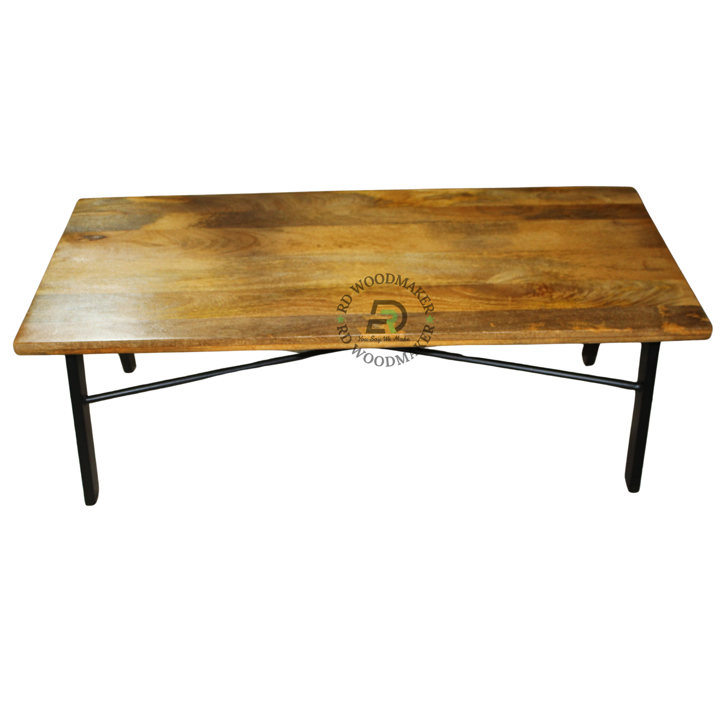 INDUSTRIAL RECTANGULAR WOODEN COFFEE TABLE WITH CROSS-BRACED METAL FRAME