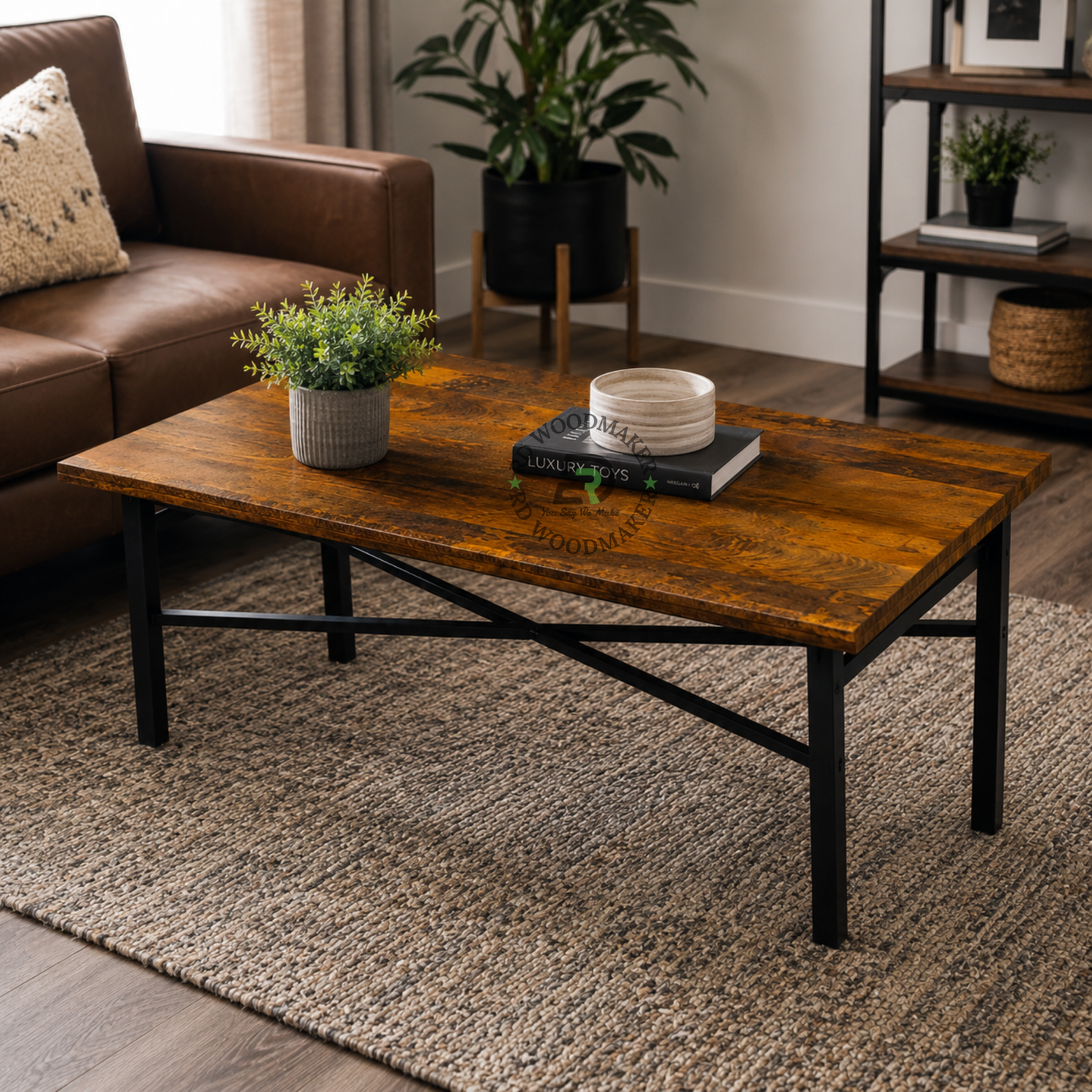 INDUSTRIAL RECTANGULAR WOODEN COFFEE TABLE WITH CROSS-BRACED METAL FRAME