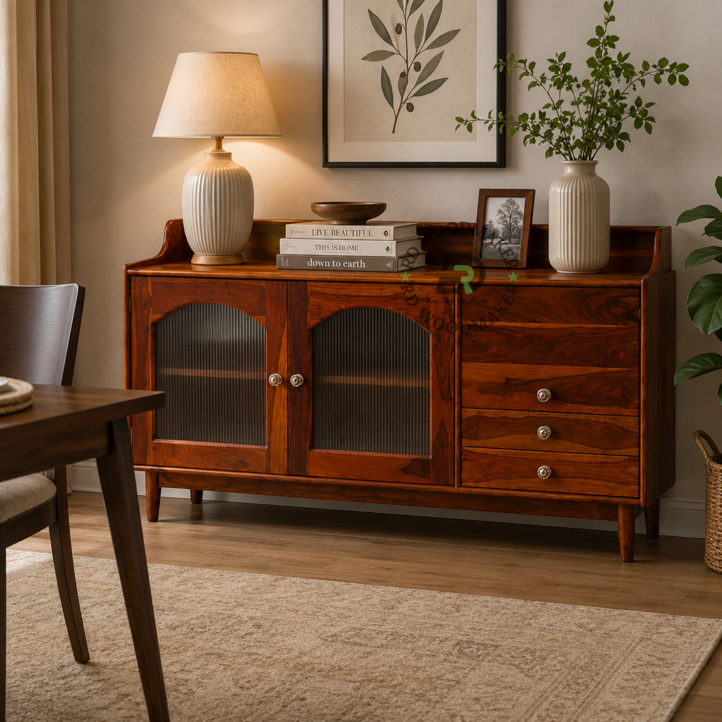 NATURAL WOOD GLASS DOOR SIDEBOARD WITH DRAWERS