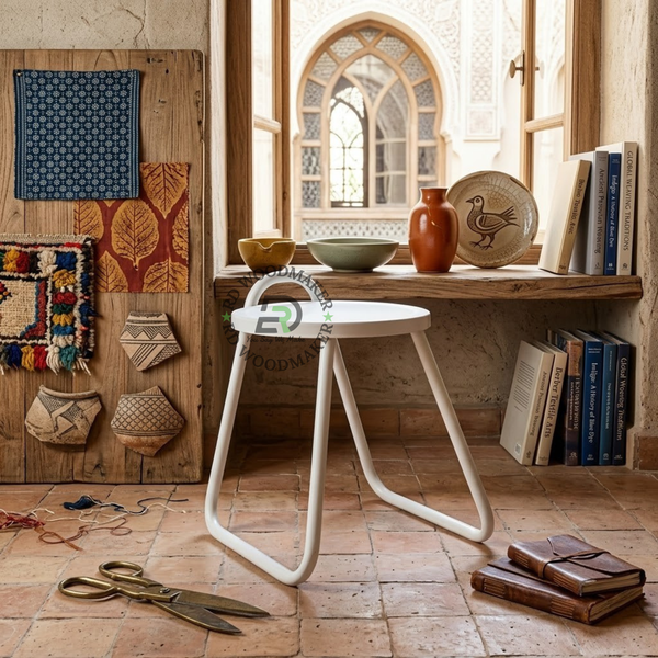 MODERN WHITE METAL ROUND STOOL WITH INTEGRATED HANDLE