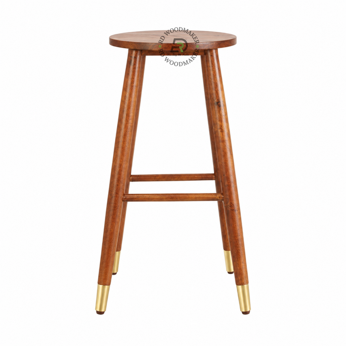 ORION ROUND SOLID WOOD BAR STOOL WITH BRASS ACCENTS