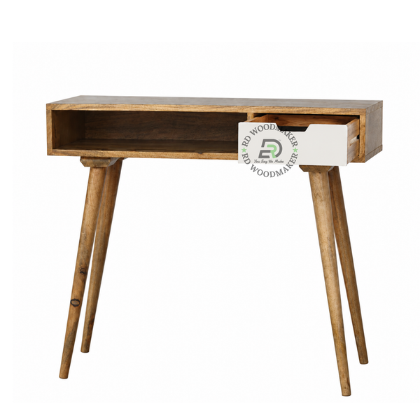SCANDINAVIAN SOLID WOOD CONSOLE TABLE WITH OPEN SHELF & WHITE DRAWER