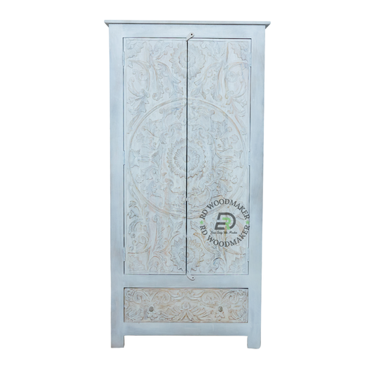 HERITAGE CARVED SOLID WOOD 2 DOOR WARDROBE WITH DRAWER
