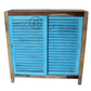 DISTRESSED BLUE LOUVERED WOODEN STORAGE CABINET WITH SLIDING DOORS