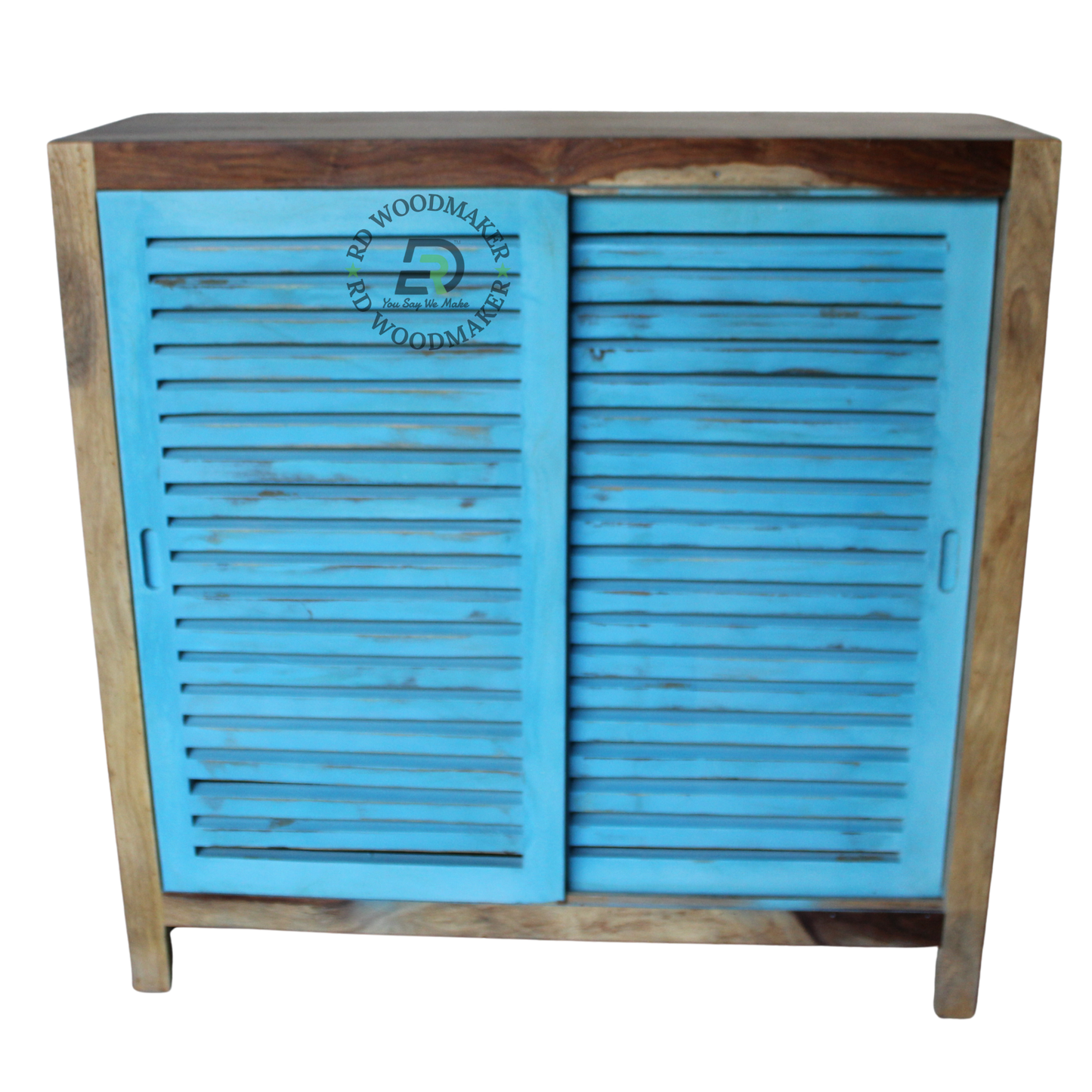 DISTRESSED BLUE LOUVERED WOODEN STORAGE CABINET WITH SLIDING DOORS