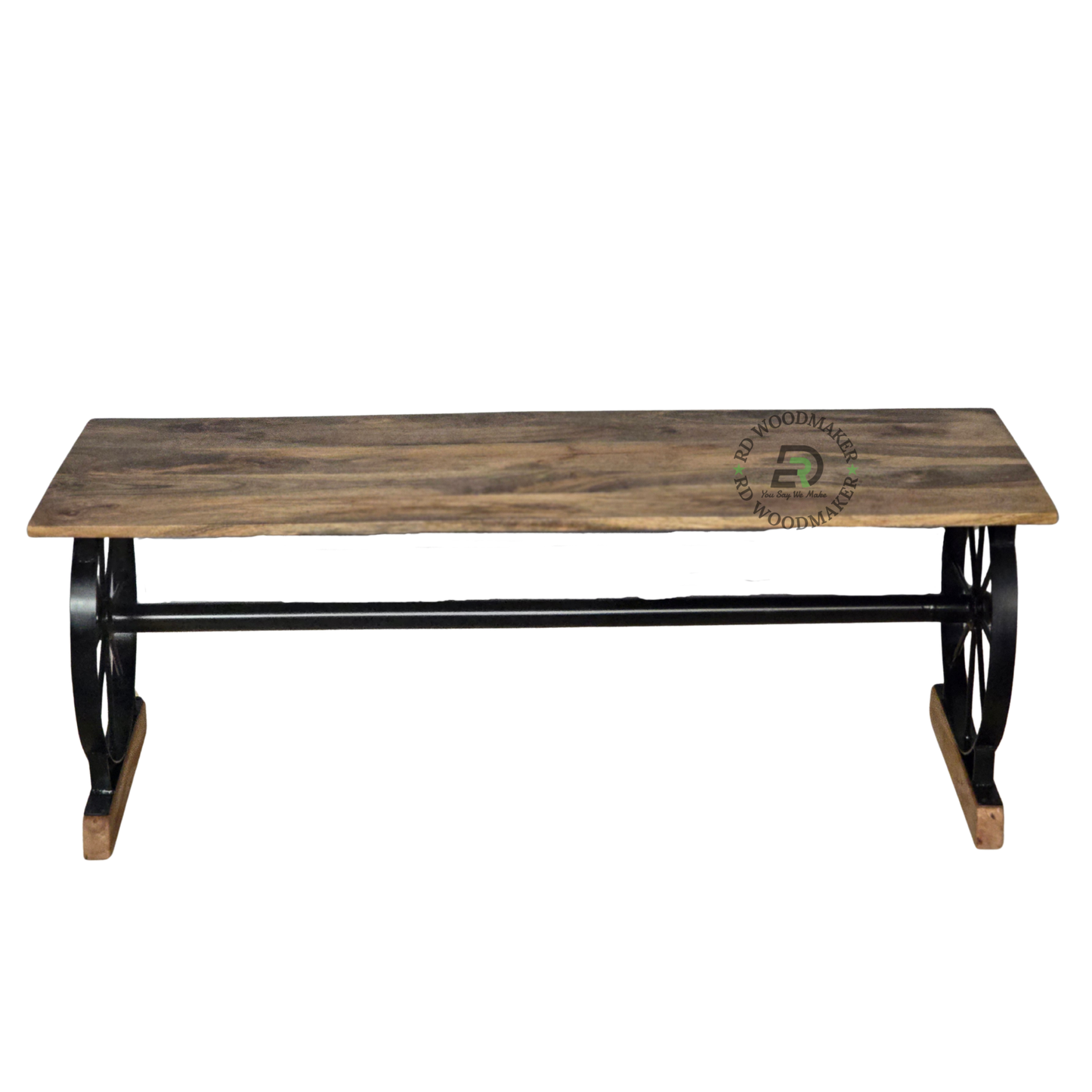 INDUSTRIAL WAGON-WHEEL WOODEN BENCH WITH BLACK METAL FRAME