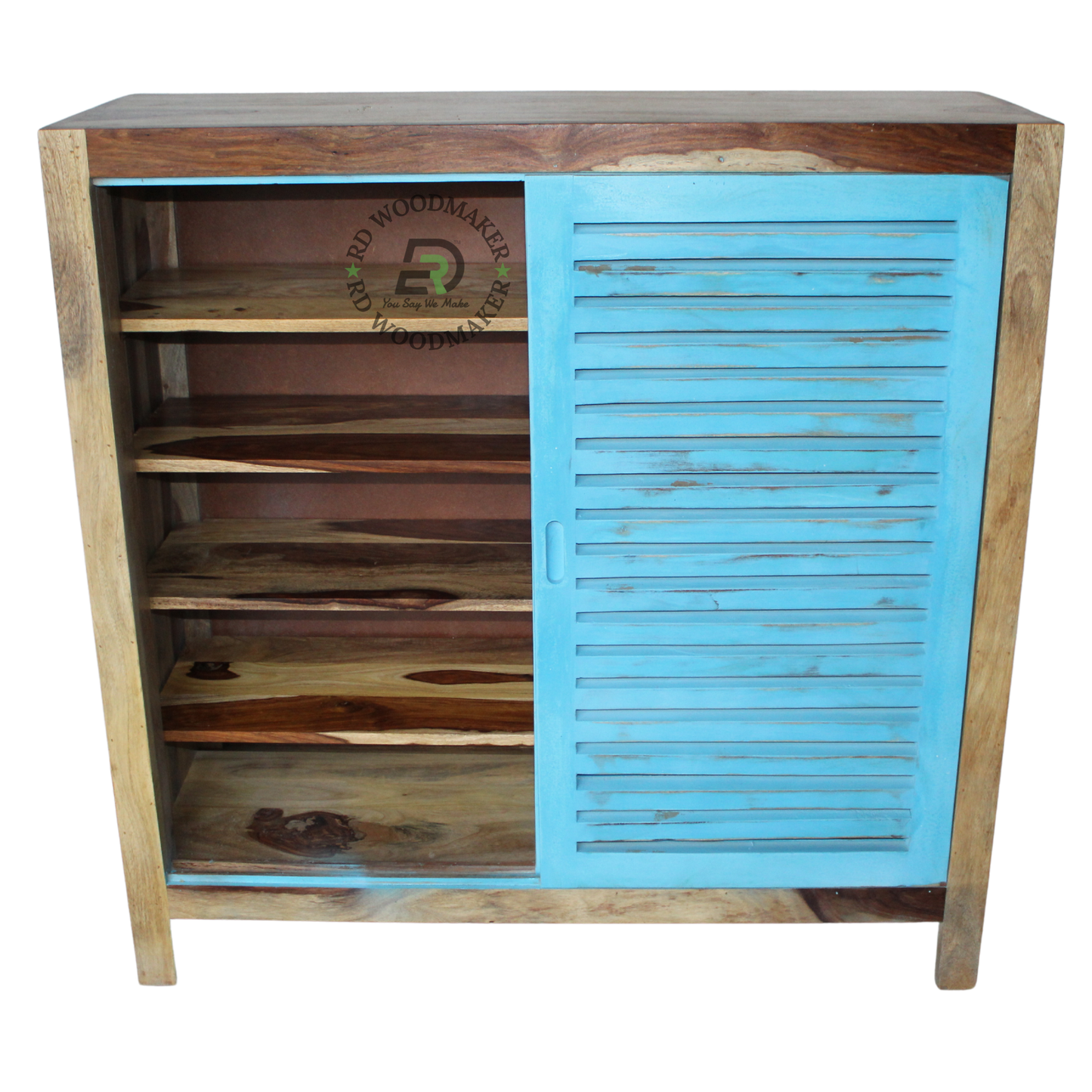 DISTRESSED BLUE LOUVERED WOODEN STORAGE CABINET WITH SLIDING DOORS