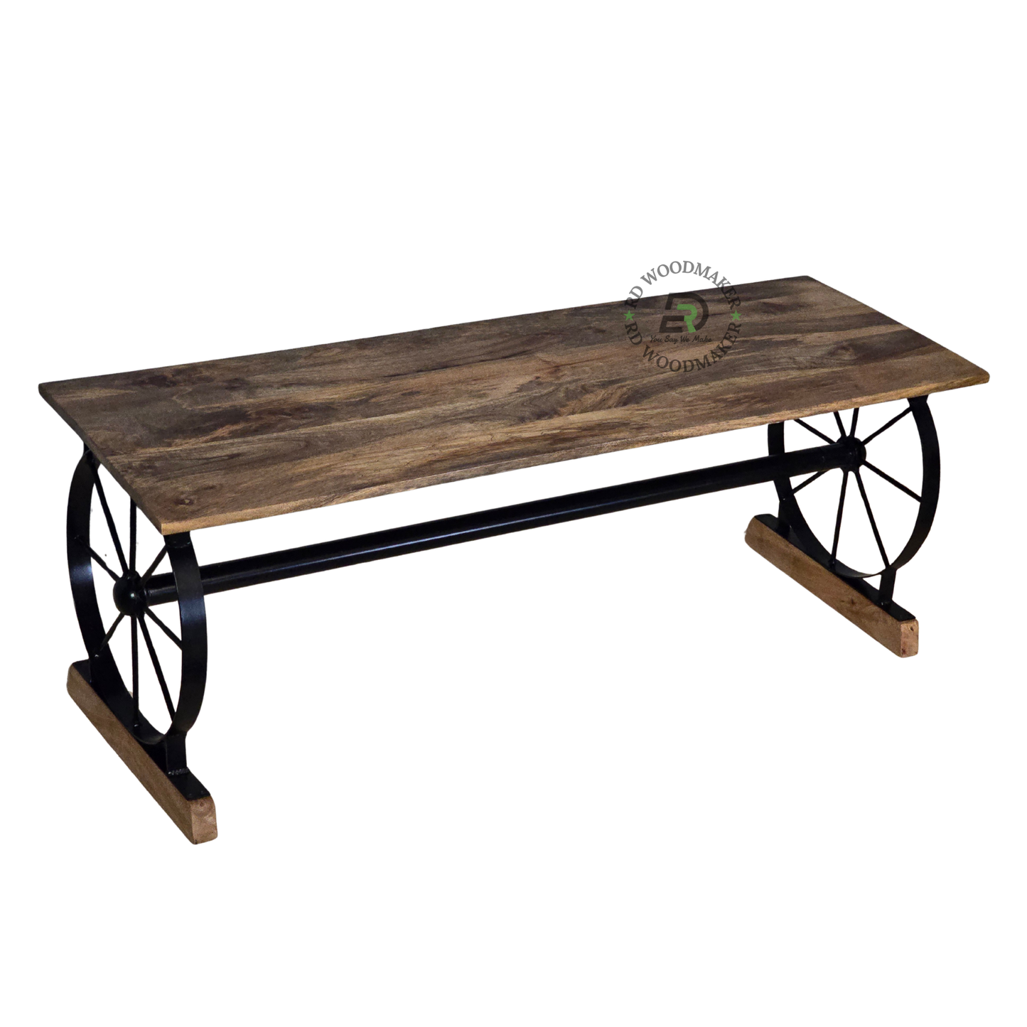 INDUSTRIAL WAGON-WHEEL WOODEN BENCH WITH BLACK METAL FRAME