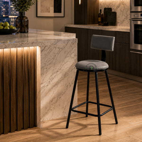 PREMIUM MODERN UPHOLSTERED BAR STOOL WITH BACKREST & BLACK METAL FRAME
