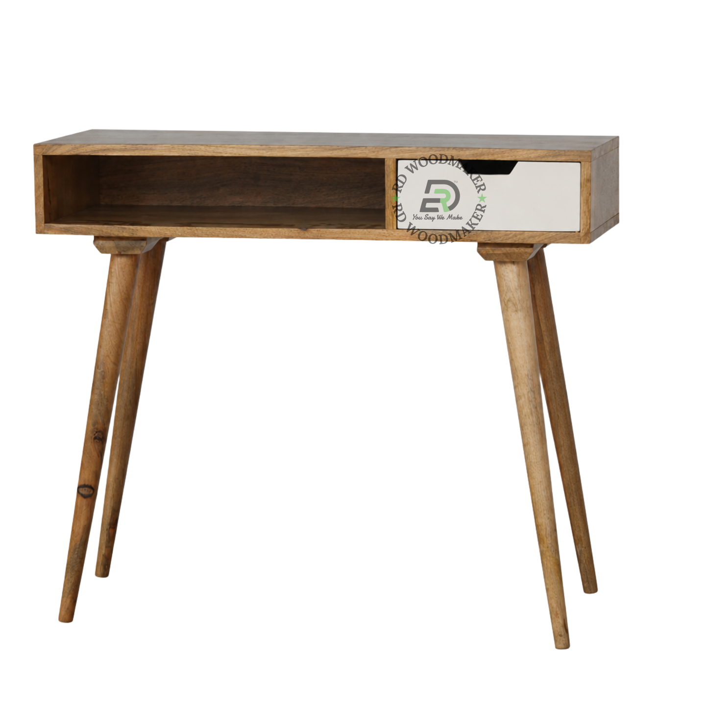 SCANDINAVIAN SOLID WOOD CONSOLE TABLE WITH OPEN SHELF & WHITE DRAWER