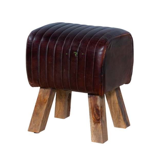 VINTAGE GENUINE LEATHER UPHOLSTERED SOLID WOOD STOOL