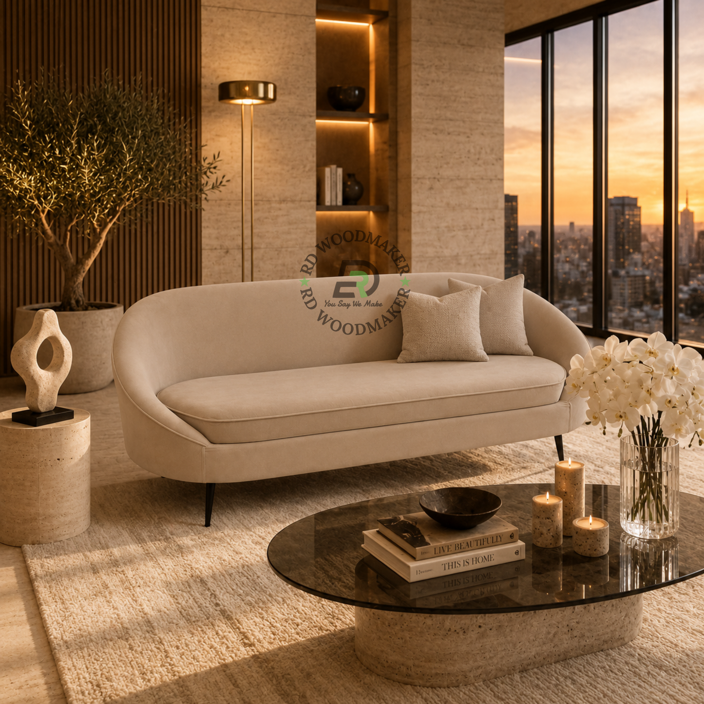 PREMIUM CURVED BEIGE UPHOLSTERED THREE-SEATER SOFA WITH SLIM BLACK LEGS