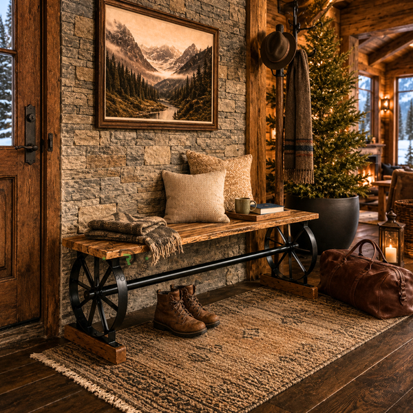 INDUSTRIAL WAGON-WHEEL WOODEN BENCH WITH BLACK METAL FRAME
