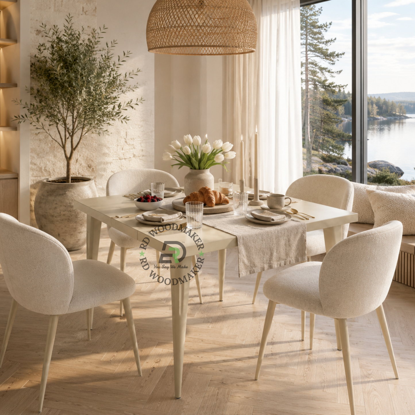 MODERN SQUARE BEIGE METAL DINING TABLE WITH TAPERED LEGS
